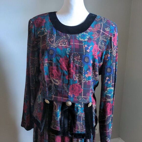 Vintage 90s Melissa Harper MHM Midi Dress Rose Paisley Velvet Peplum Size 8 - Picture 6 of 9